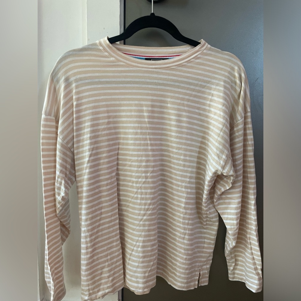 AYR Striped Long Sleeve T-shirt, Tan and White Striped, Size S